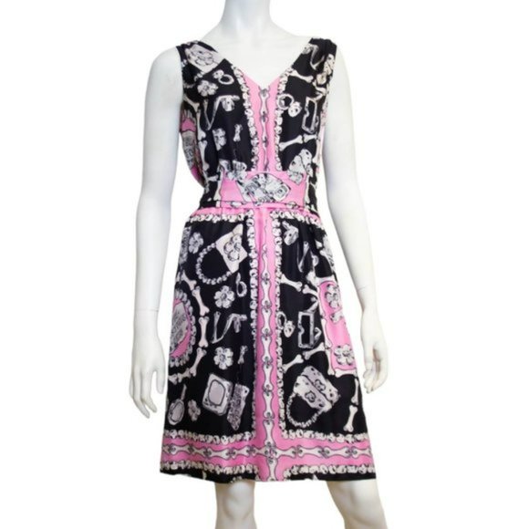 MOSCHINO Black and Pink V Neck Bones Prehistoric Print Silk Dress Cheap and Chic - Picture 2 of 7